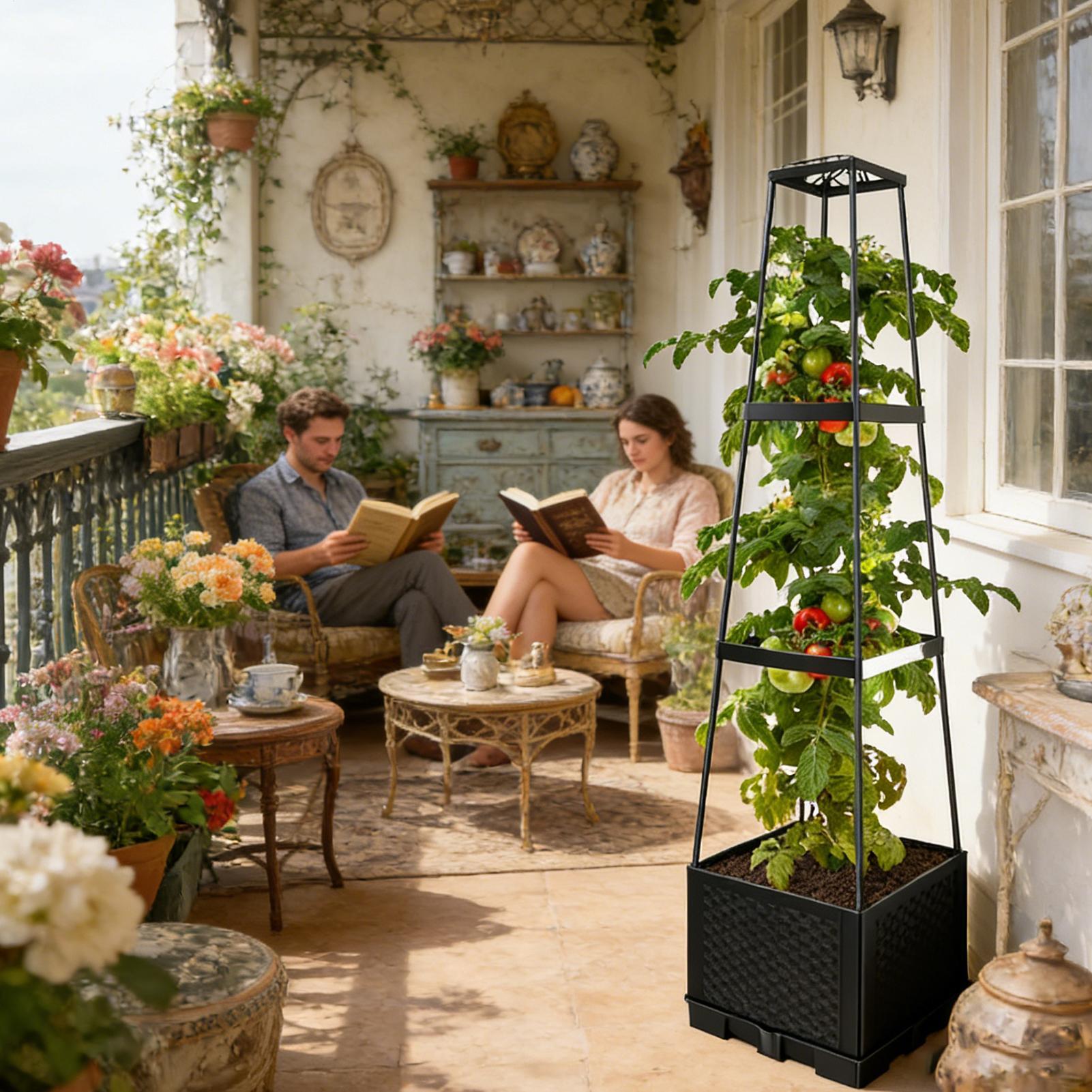 Self-Watering Planter - トレリス付き114cm自動給水式頑丈屋外用レイズドプランター、トレリス付き屋内アパートバルコニー用レイズドガーデンベッド