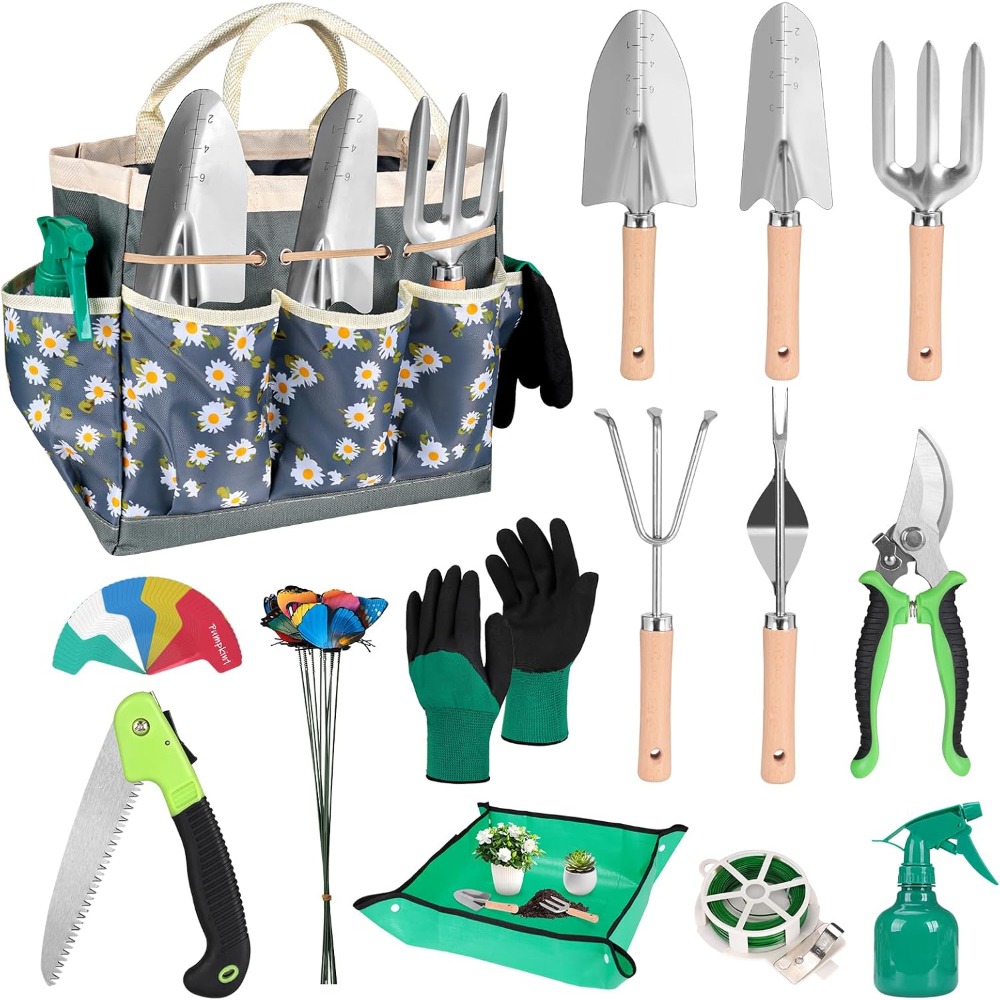 Gardening Tools Gift Set - ステンレス製シャベル、マット、剪定ばさみ、耐久性のあるバッグを含む62点のガーデンツールセット - ガーデナーへの理想的な贈り物