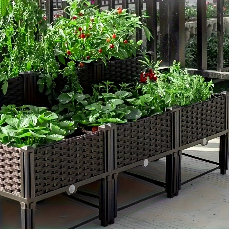 Self-Watering Planter - ガーデンレイズドベッド、自動給水装置と排水穴付きの高床式フラワーボックス、庭、バルコニー、パティオ用のハーブ野菜プランターコンテナ（2セット、ブラウン）