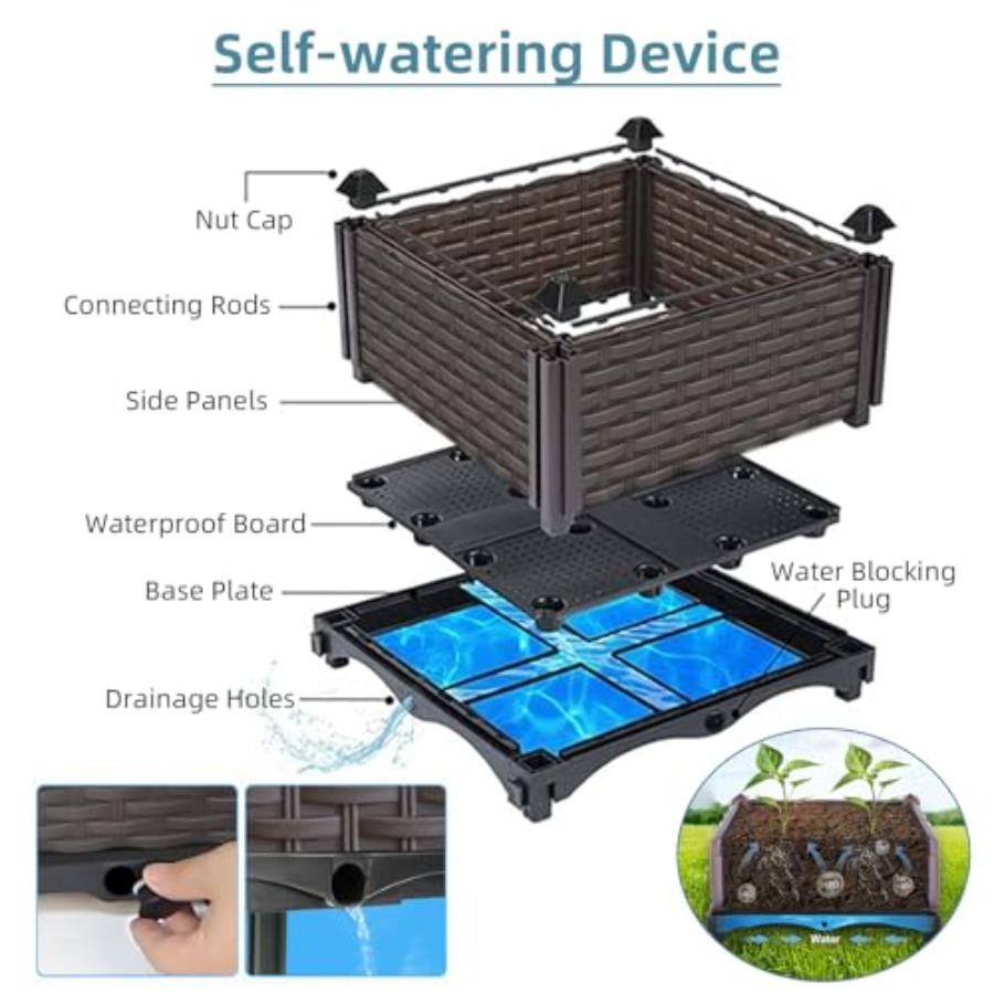 パティオ、バルコニー、デッキ用の屋外自動給水式高床プランター - Self-Watering Planter のレビューと価格